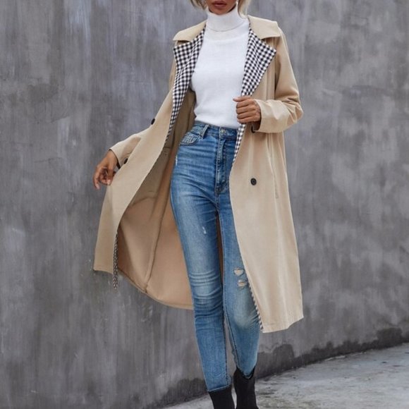 Gingham Lapel Neck Double Breasted Trench Coat - Picture 4 of 5